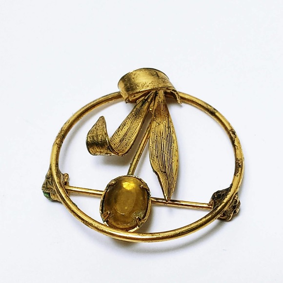 Vintage Gold Floral Ring Brooch 1 1/4" Gold Flower Yellow Stone (jb3) - Picture 3 of 5